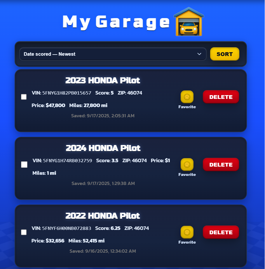 My Garage list with favorites and sorting